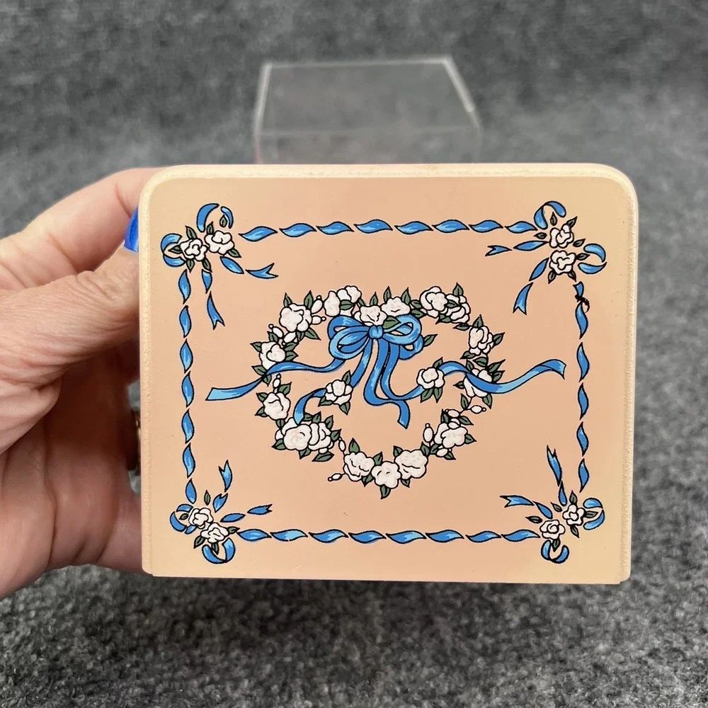 Vtg Set of 6 Pink Wood & Cork Square Coasters & Floral Blue Ribbon Storage Box